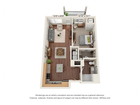 Floor plan for 1 bed, 1 bath, 723 sqft